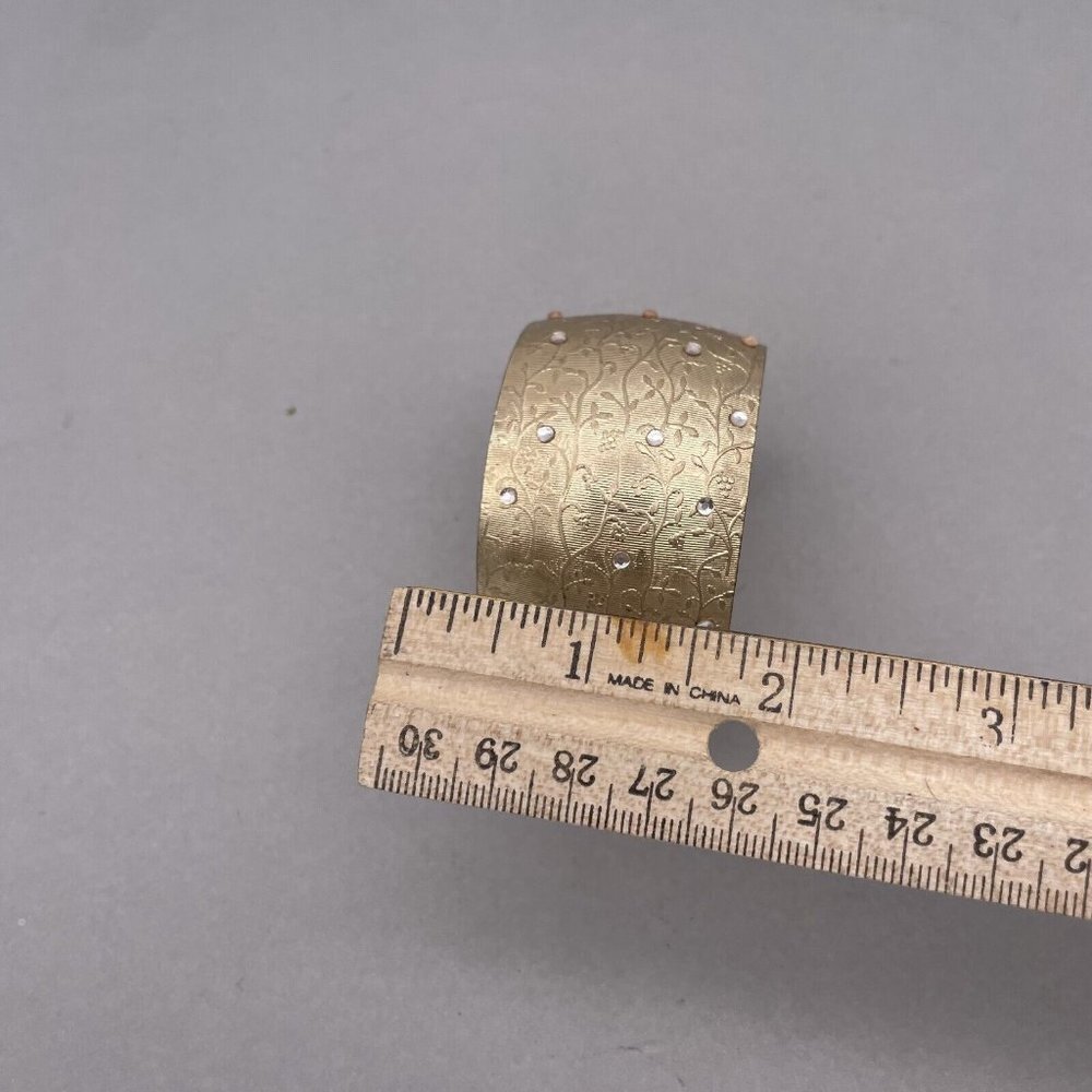 Textured Floral Rhinestone Wide Bangle Bracelet Gold Tone - Picture 6 of 8